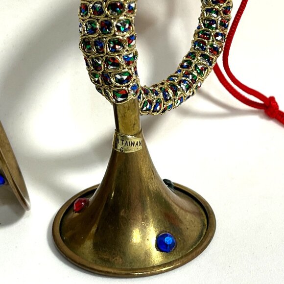 Vintage Bejeweled Brass Bugle Horn Christmas Ornaments set of 2 - Picture 5 of 6